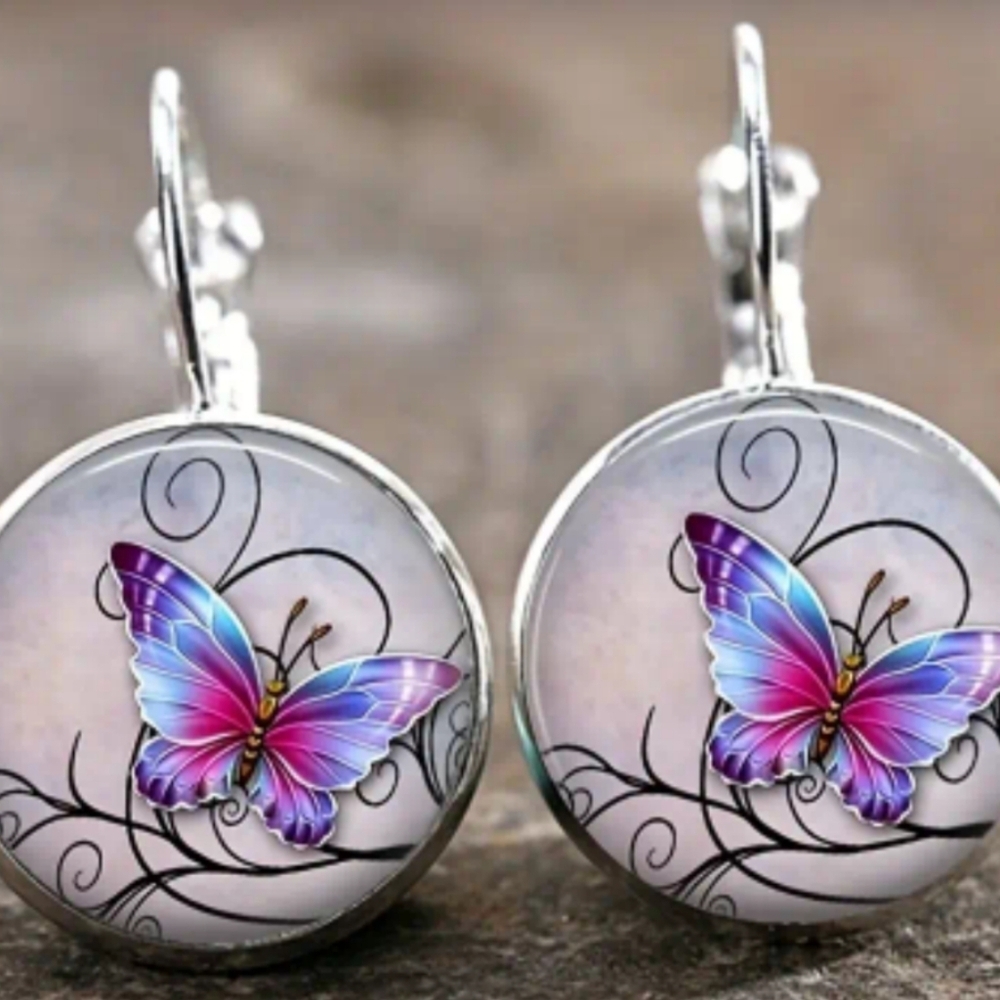 2/$30 Vintage Preppy round crystal purple butterfly leverback‎ earrings-(#05)